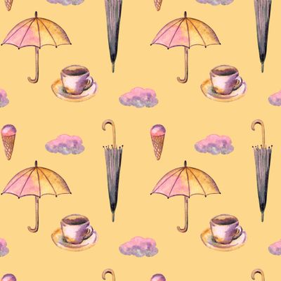 Зонтики и кофе на желтом