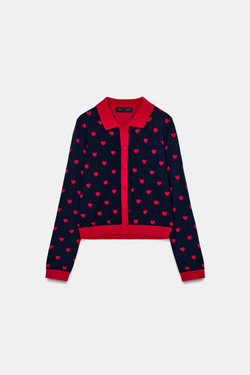 ZARA ЖАККАРДОВЫЙ КАРДИГАН С СЕРДЦАМИ, МОРСКОЙ СИНИЙ