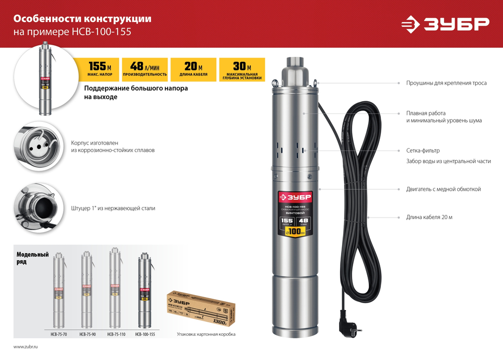 ЗУБР 1300 Вт, 155 м напор, скважинный винтовой насос, корпус из нержавеющей стали (НСВ-100-155)