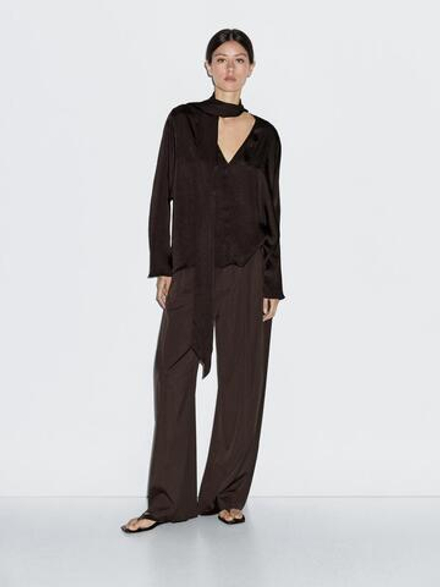 Massimo Dutti Блуза из струящейся ткани с завязками, коричневый