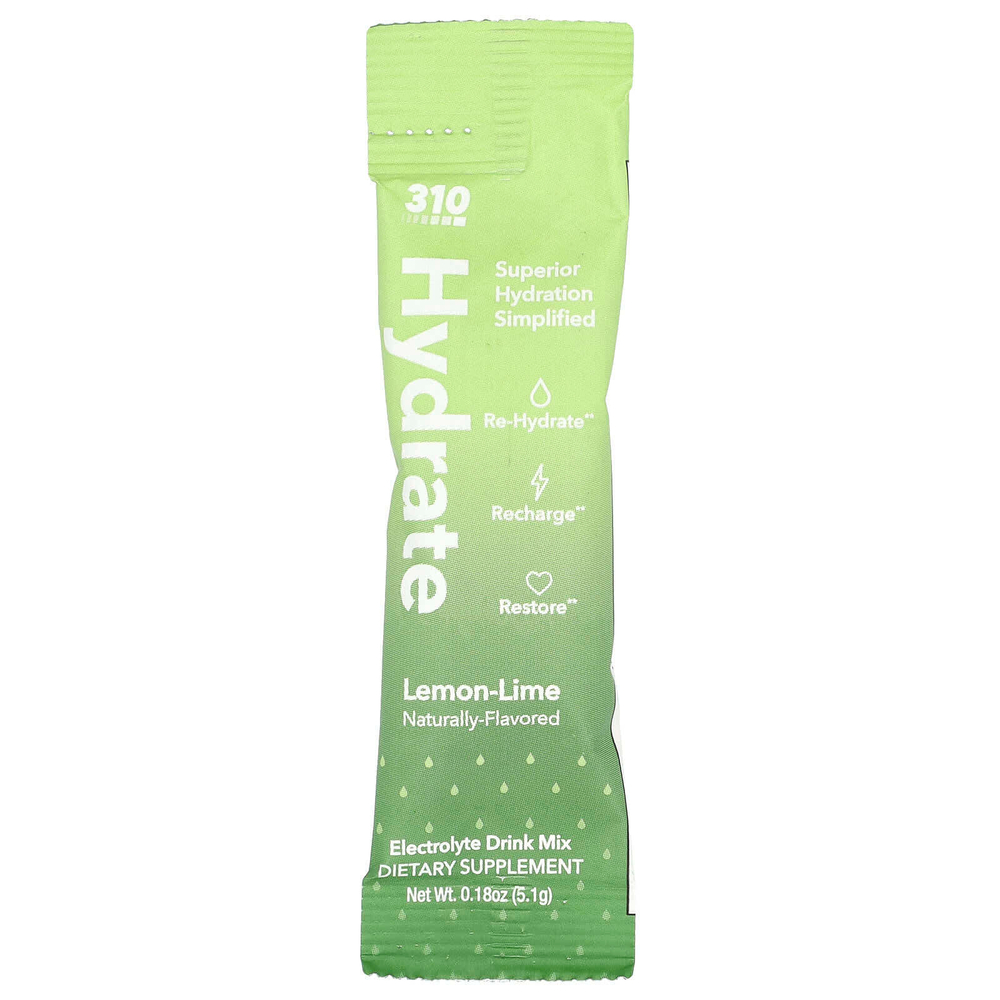 310 Nutrition, Hydrate, Electrolyte Drink Mix, Lemon-Lime , 30 Sticks, 0.18 oz (5.1 g) Each