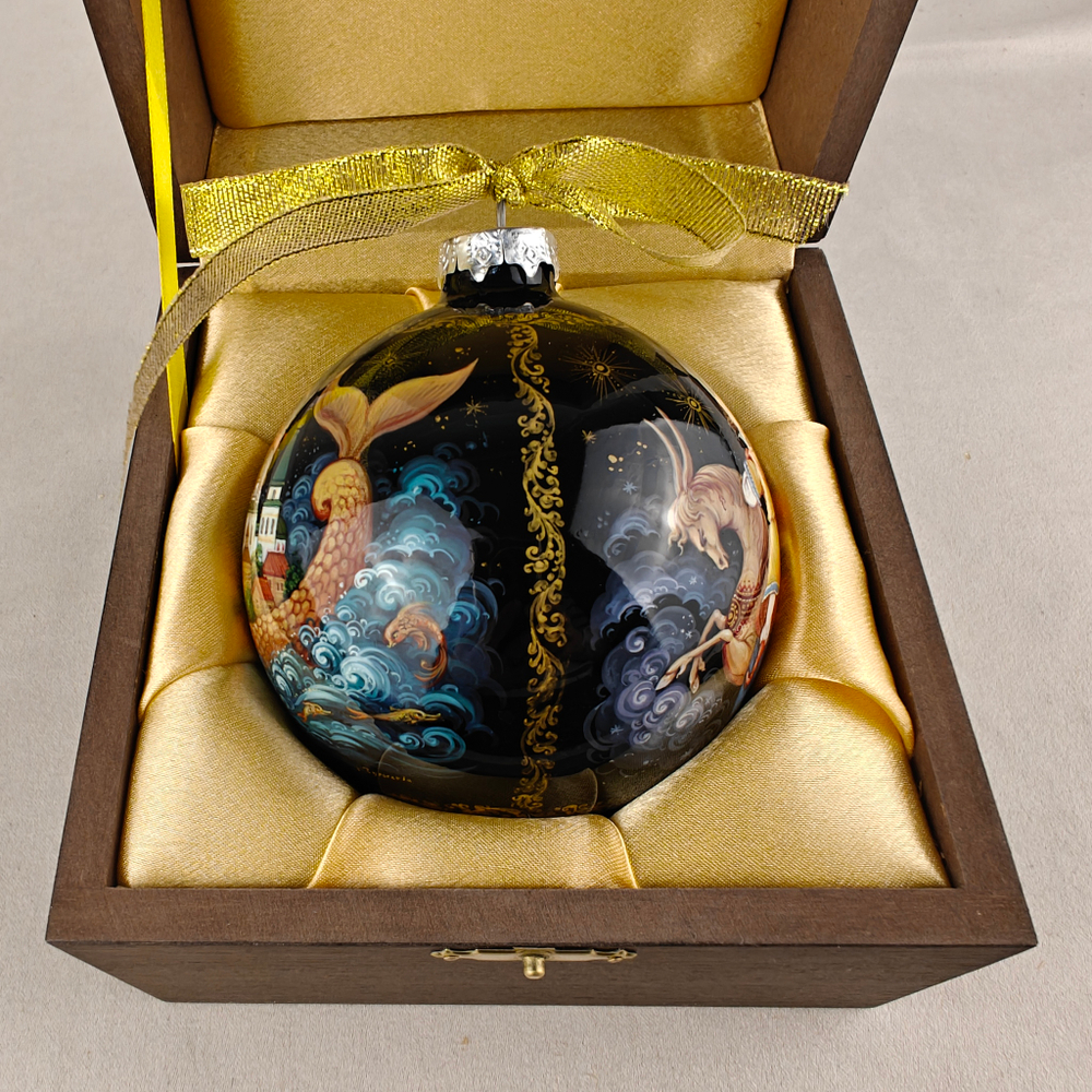 Шар новогодний с круговой росписью Палех "Конек-горбунок" в футляре