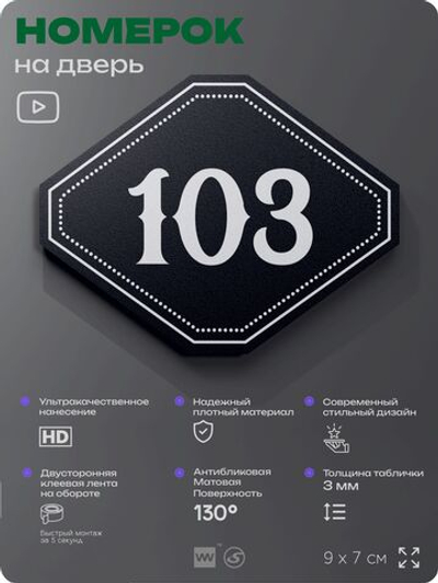 Номерок на дверь квартиры 103, для кабинета, офиса, шильдик 9 х 7 см, черный, Айдентика Технолоджи