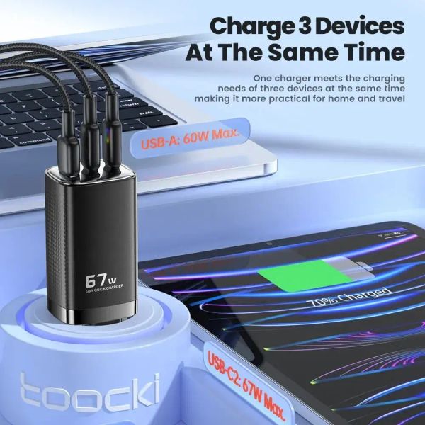 Адаптер питания Toocki 67Вт GAN Fast Charger (2 Type-C + USB-A) Фиолетовый
