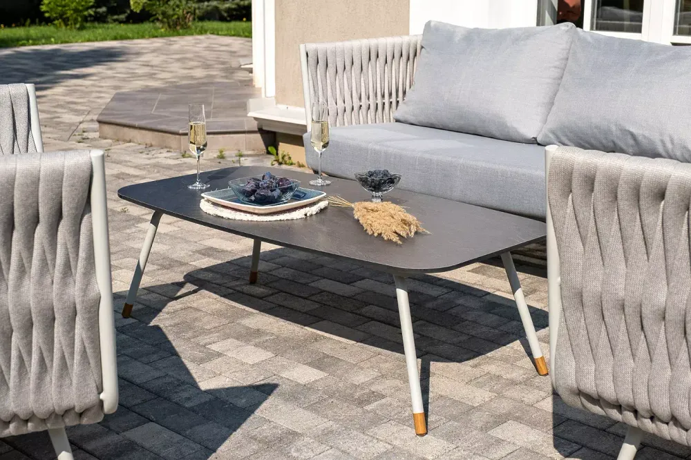 "Монако" лаунж-зона 4-местная из роупа со столом "Верона" (серый гранит), каркас светло-серый, роуп светло-серый