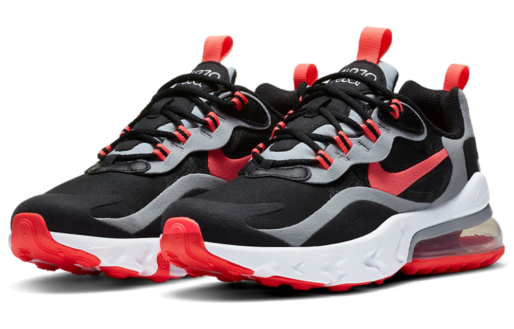 Nike Air Max 270 React fabric synthetic leather shock absorption, non-slip, wear-resistant, breathable, wrapping support, lightweight low-top running shoes GS black, red and gray