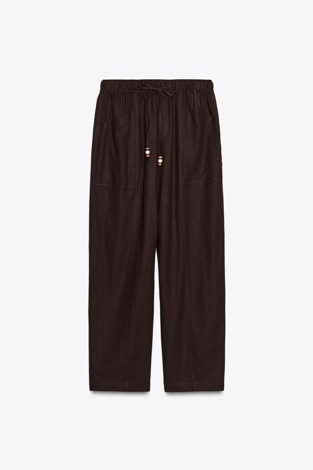 ZARA БРЮКИ ИЗ ЛЬНЯНОЙ ТКАНИ С БУСИНАМИ НА ШНУРКЕ, КОРИЧНЕВЫЙ