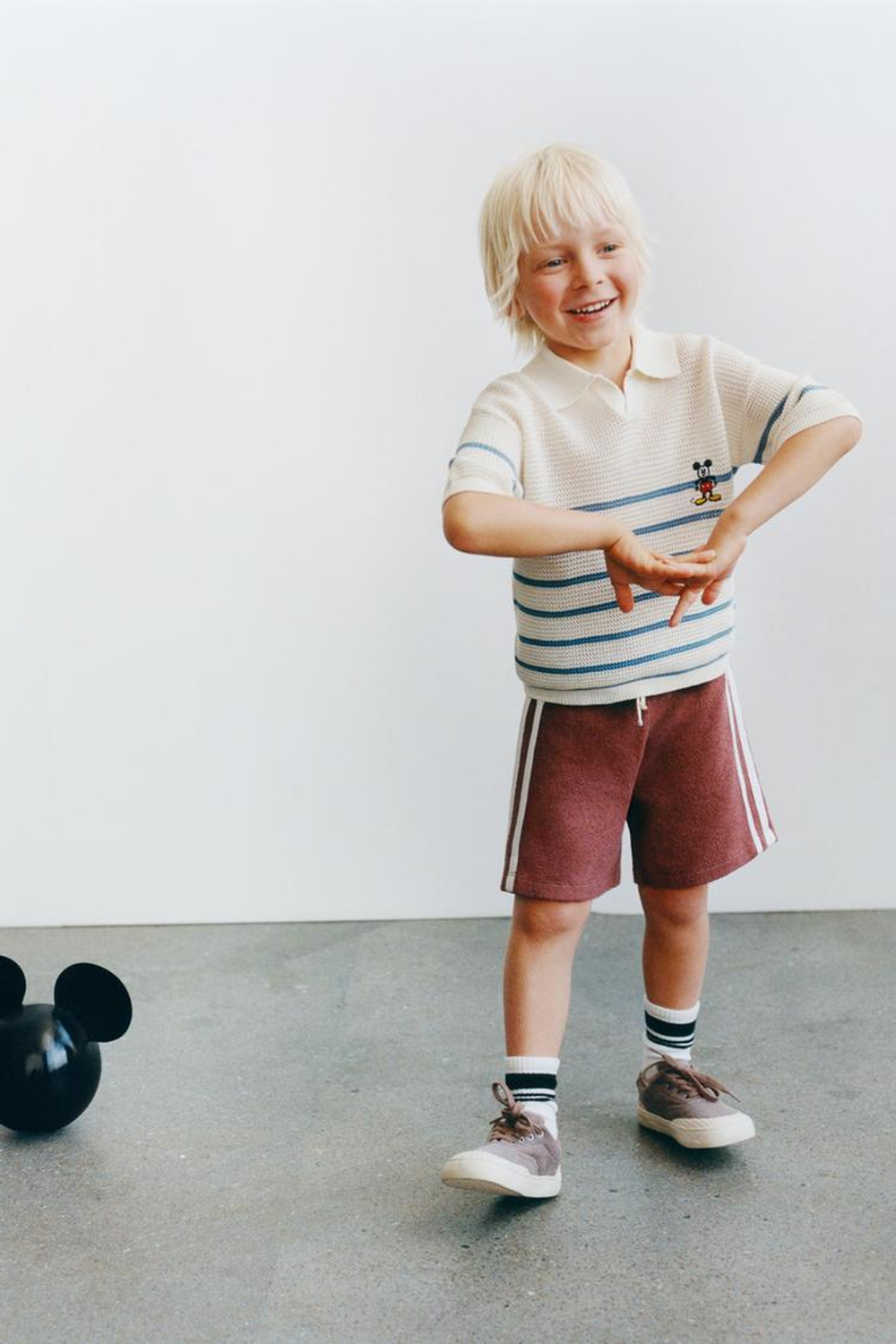 ZARA ТРИКОТАЖНОЕ ПОЛО ИЗ СМЕСОВОГО ХЛОПКА И ЛЬНА MICKEY MOUSE © DISNEY, СИНИЙ/БЕЛЫЙ