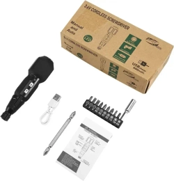 Отвертка аккумуляторная электрическая. Электроотвертка многофункциональная с набором бит. Мини - отвертка с USB и подсветкой. Черный