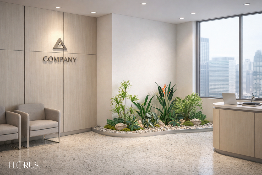 Напольная композиция в стиле тропики с кустами стрелиции высотой 150 см, длина 2–2,5 м