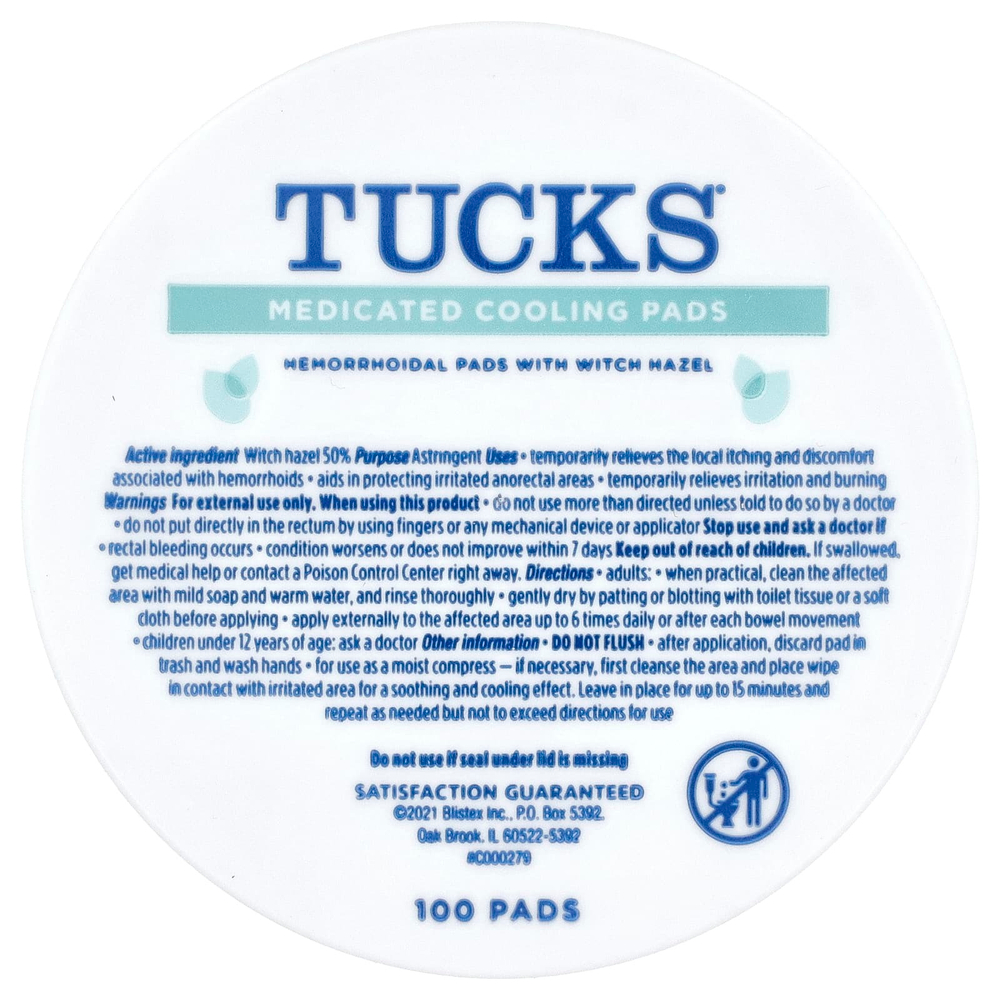 Tucks, пропитанные медикаментами охлаждающие подушечки, 100 подушечек