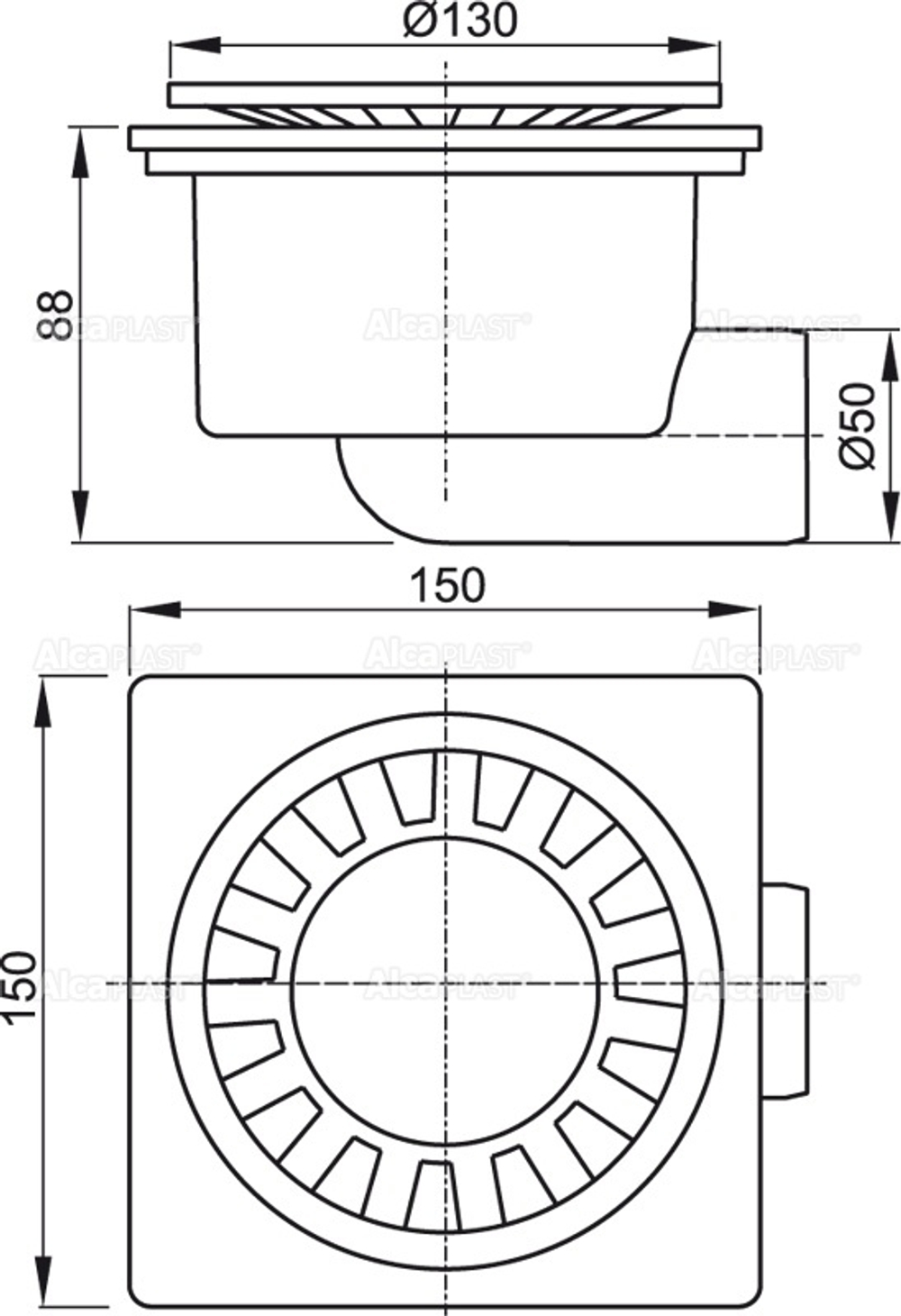 Сливной трап AlcaPlast APV15 150 x 150/50