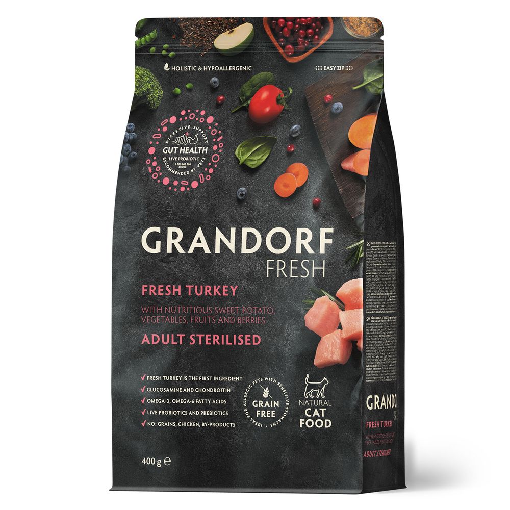 Беззерновой корм с живыми пробиотиками GRANDORF Fresh Cat STERILISED Turkey&amp;Sweet Potato Свежее мясо индейки с бататом для стерилизованных кошек 400 г