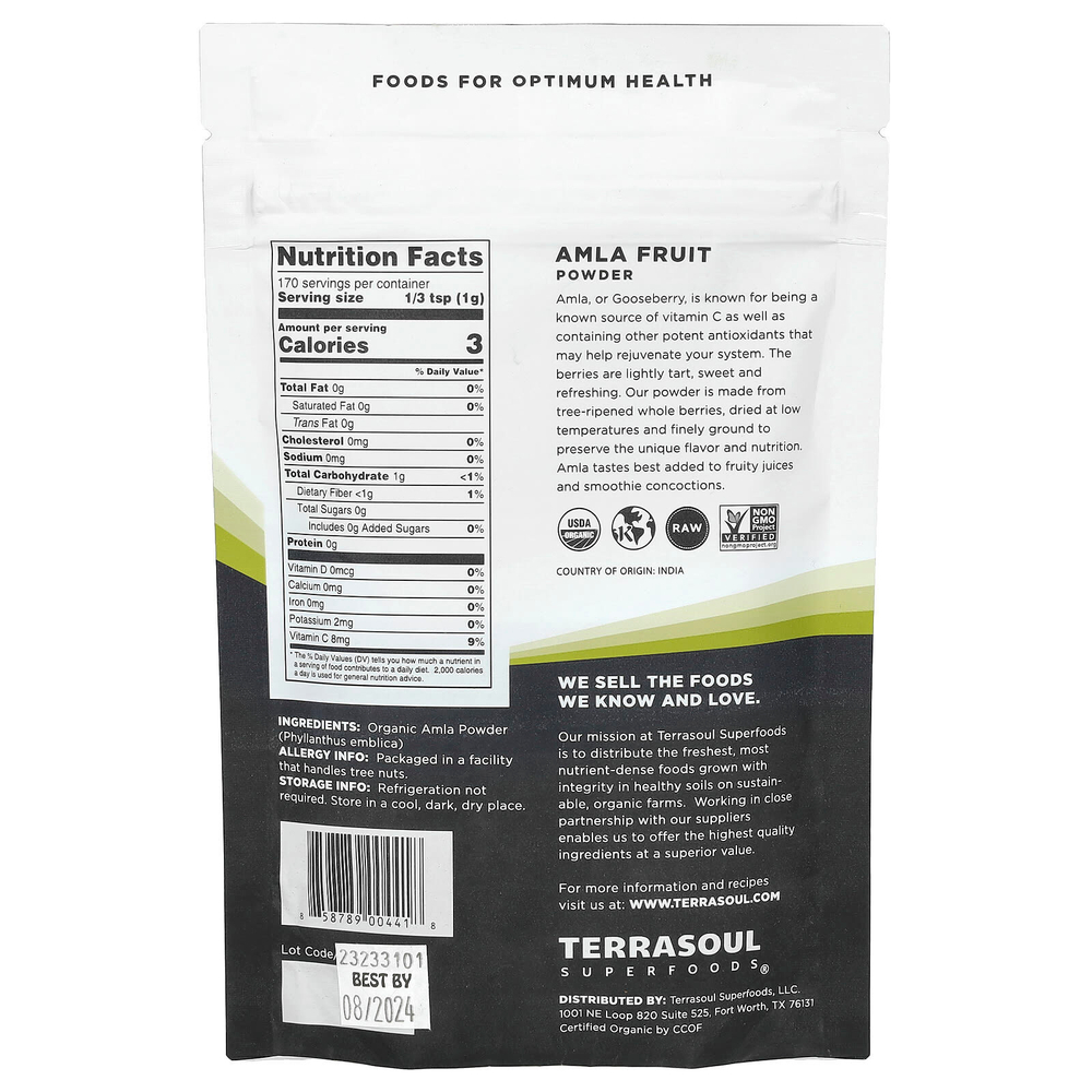 Terrasoul Superfoods, AMLA в порошке, индийский крыжовник, 170 г (6 унций)