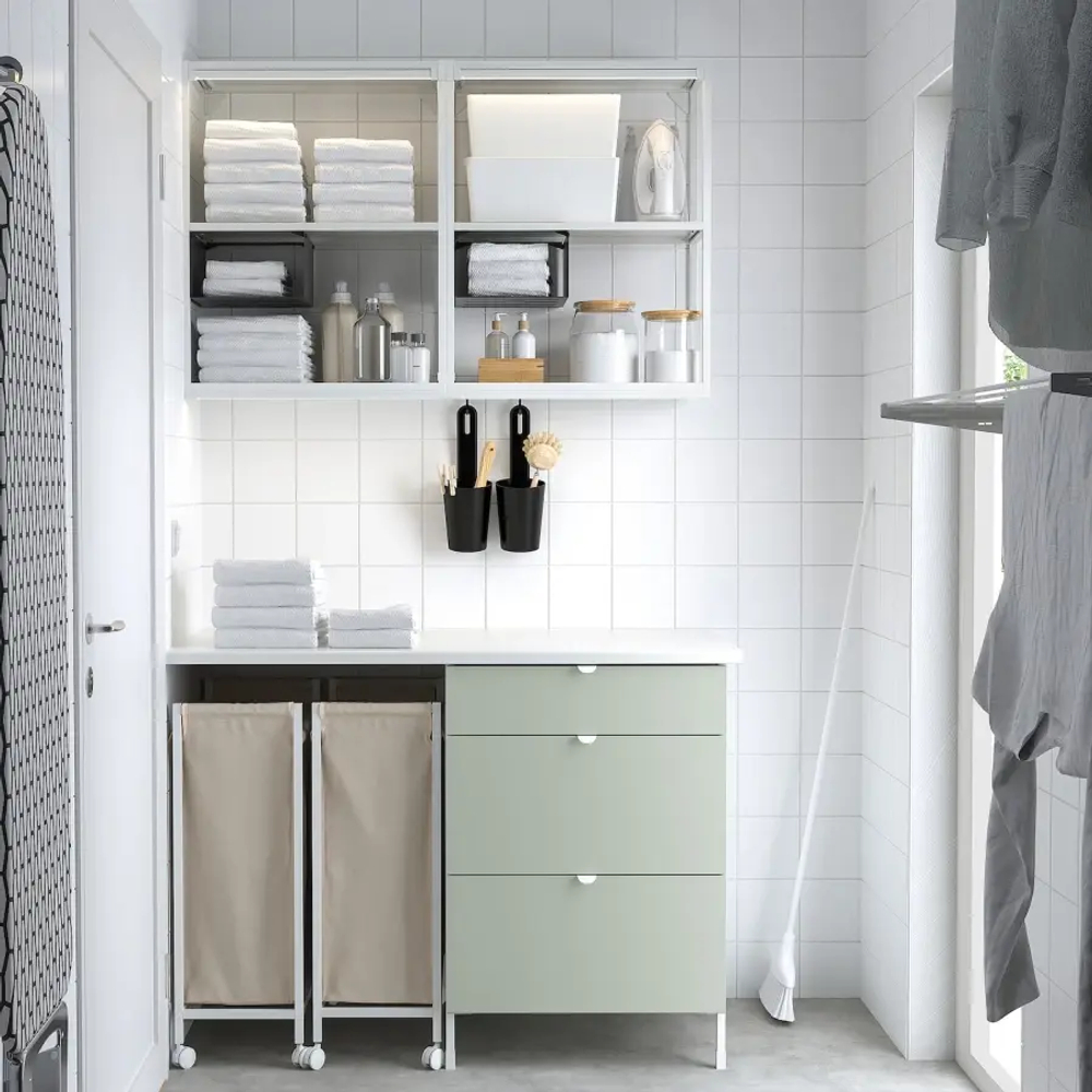 Комбинация для ванной - IKEA ENHET, 121.5х63.5х222 см, белый/серо-зеленый, ЭНХЕТ ИКЕА