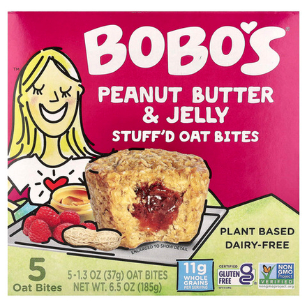 Bobo's Oat Bars, Овсяные кусочки с начинкой, арахисовая паста и желе, 5 кусочков, 37 г (1,3 унции)