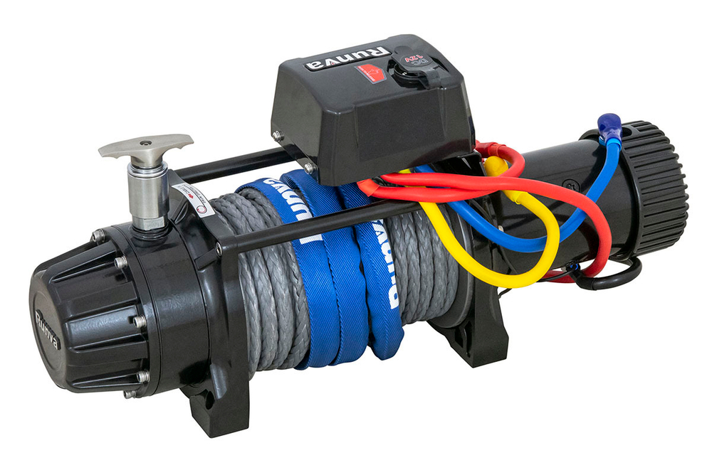 Лебёдка автомобильная электрическая 12V Runva 12000 lbs 5443 кг влагозащищённая, комбинированный роспуск, синтетический трос