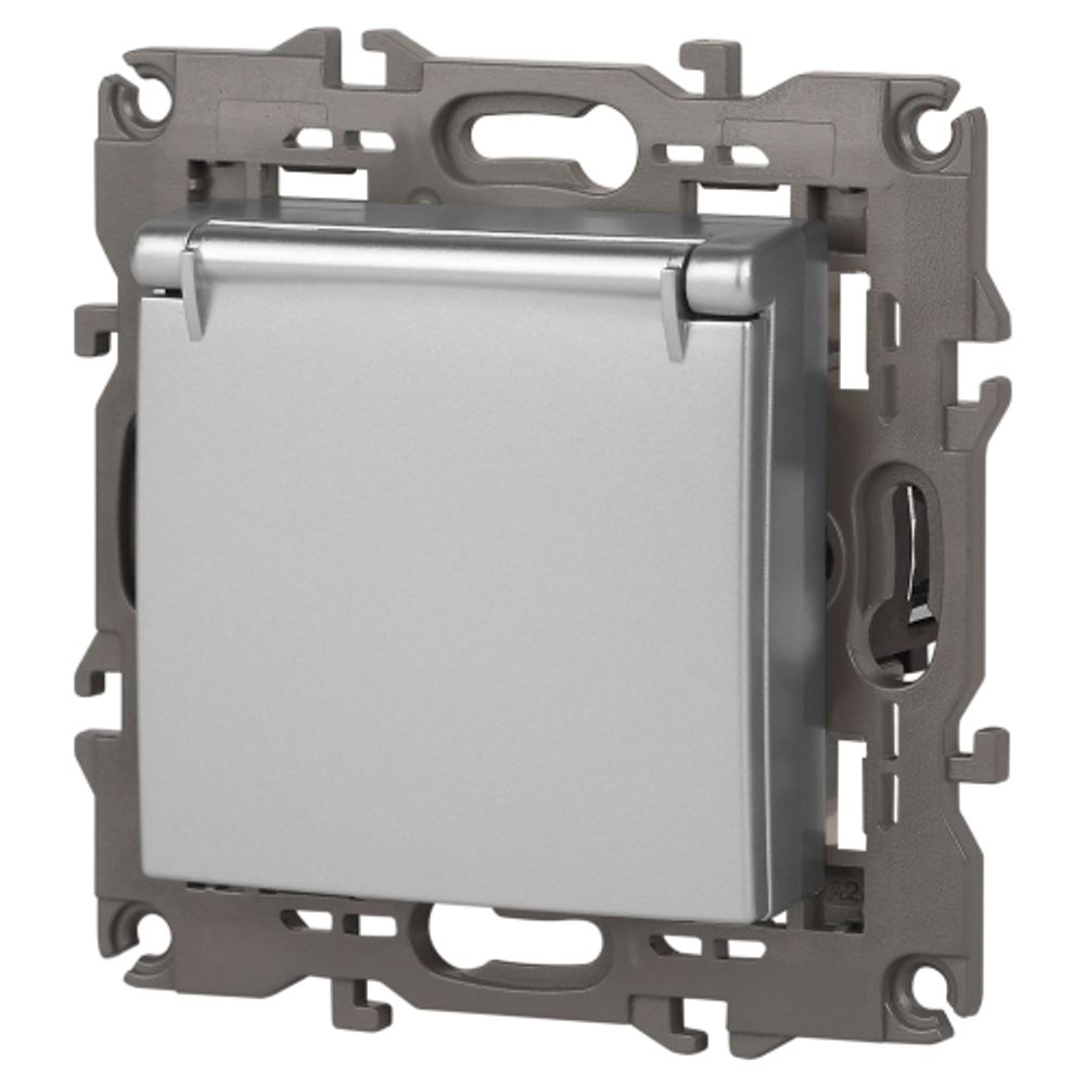 Розетка ЭРА Elegance 14-2103-03 с заземлением 2P+E Schuko со шторками с крышкой 16A-250В IP20 алюминий