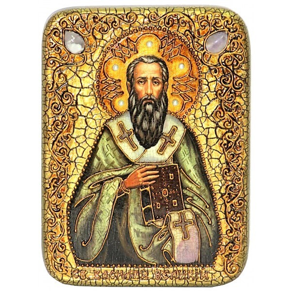 Инкрустированная икона Святитель Василий Великий 20х15см на натуральном дереве в подарочной коробке