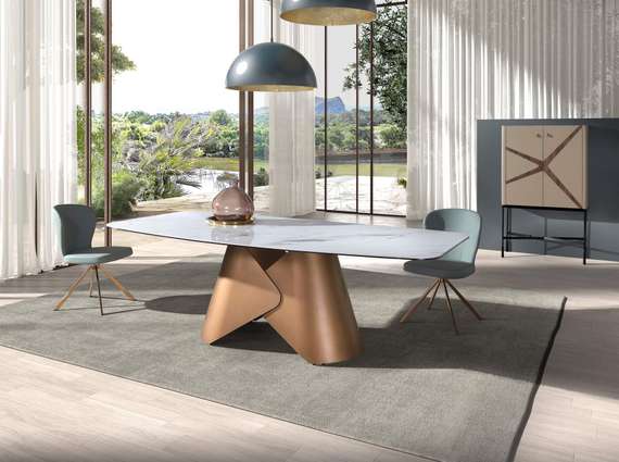 Овальный обеденный стол 1172 из белой керамики и бронзовой стали