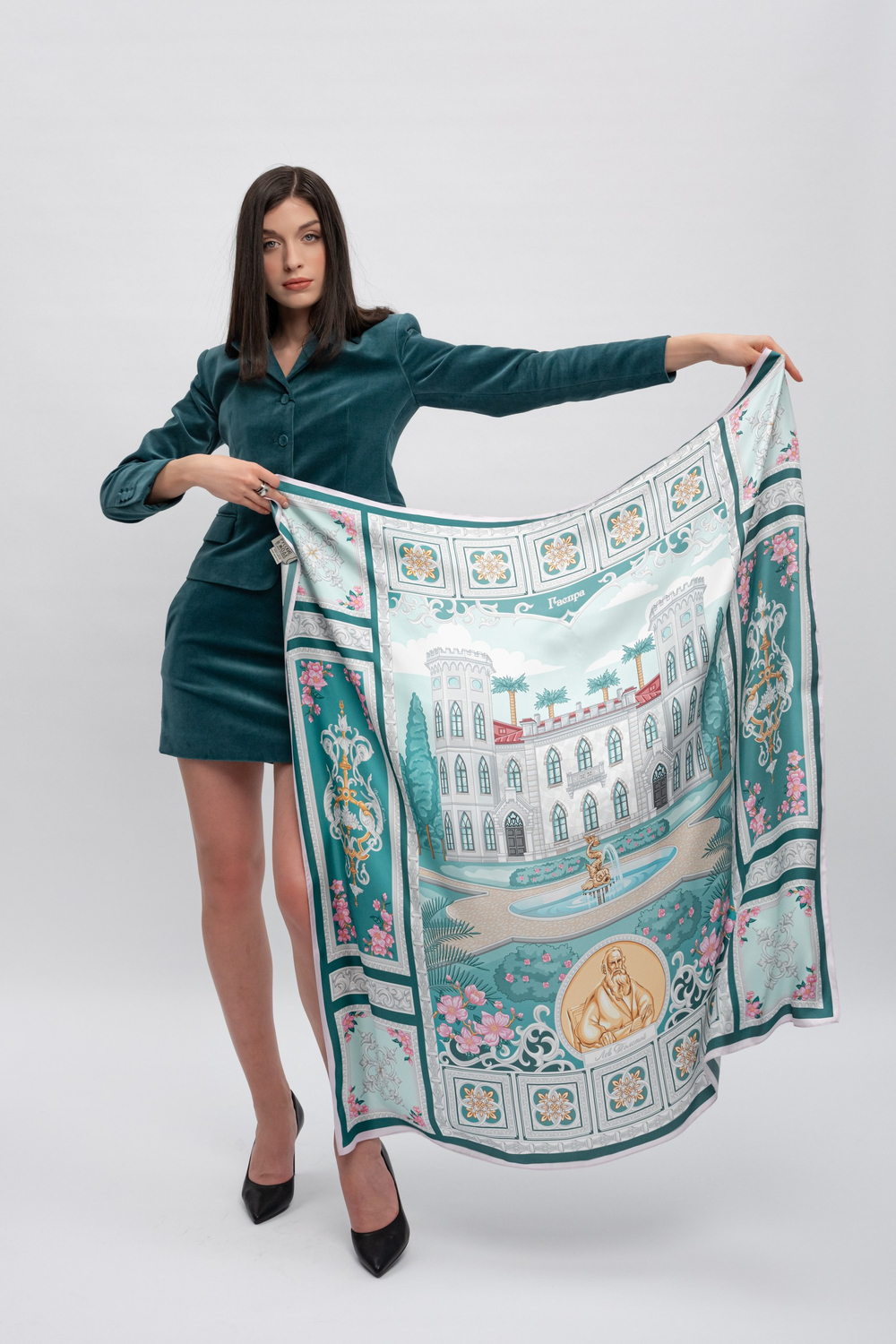 Платок «Романтическая Александрия» 100% шёлк, зеленый