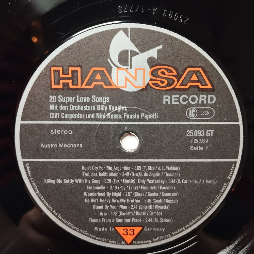 Винтажная виниловая пластинка LP Сборник 20 Super Love Songs (Germany 1974)