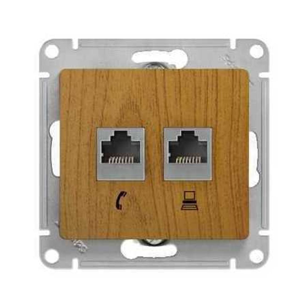 Schneider Electric Glossa Дерево Дуб Розетка 2-местная компьютерная RJ45+RJ45, категория 5E, механизм IP20 скрытая установка GSL000585KK