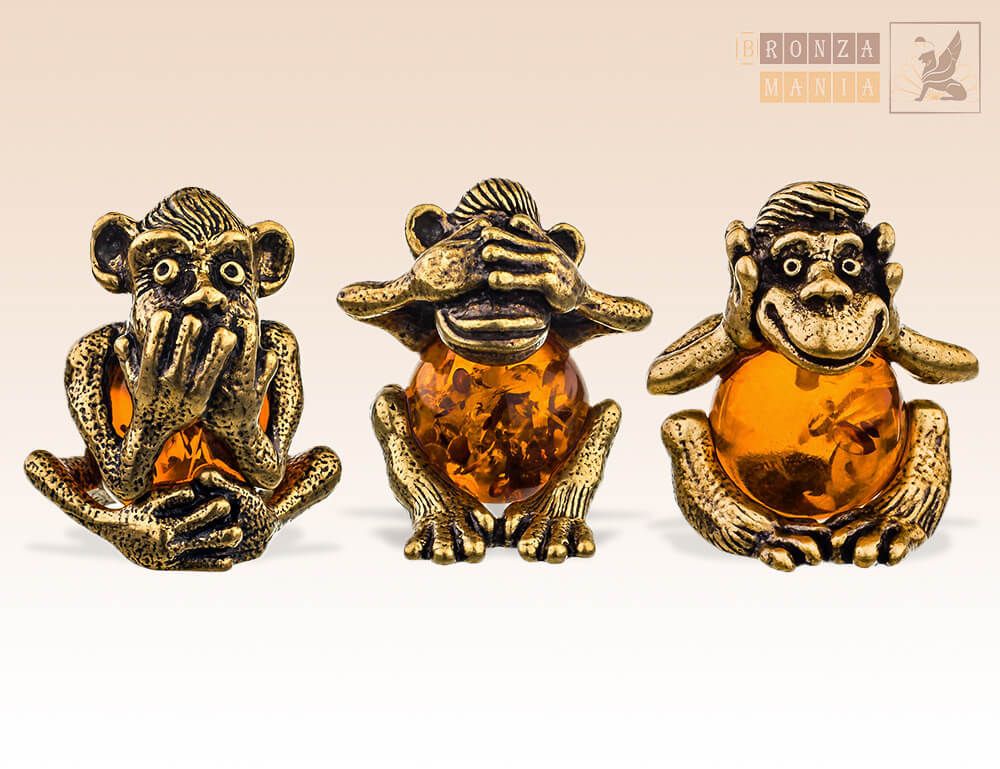 фигурка Обезьяны - Не вижу, Не слышу, Не скажу с янтарем