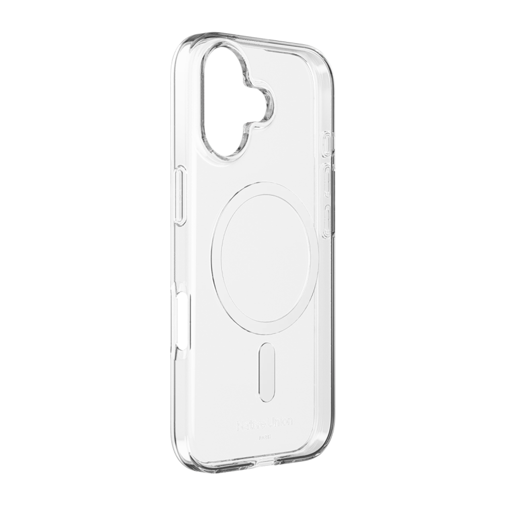 Прозрачный чехол MagSafe Native Union (Re)Clear Case для iPhone 17 Глянцевый гибридный чехол из переработанного пластика, повышенным уровнем защиты при падении и вырезом для Контроллера камеры. Производителем заявлена устойчивость к пожелтению