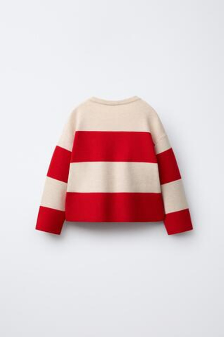 ZARA ВЯЗАНЫЙ СВИТЕР В ПОЛОСКУ С БАНТИКАМИ, ЭКРЮ/КРАСНЫЙ