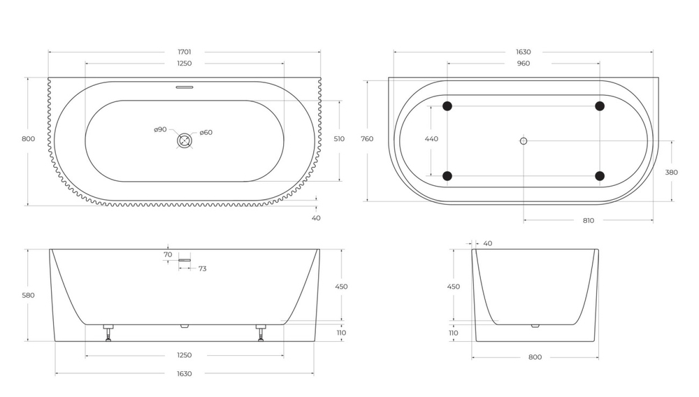 Ванна пристенная BelBagno BB713-1700-800