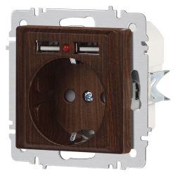 Розетка Intro Accent 6-410-10 , P+E Schuko со шторками, 16А-250В + 2хUSB, IP20, СУ, венге