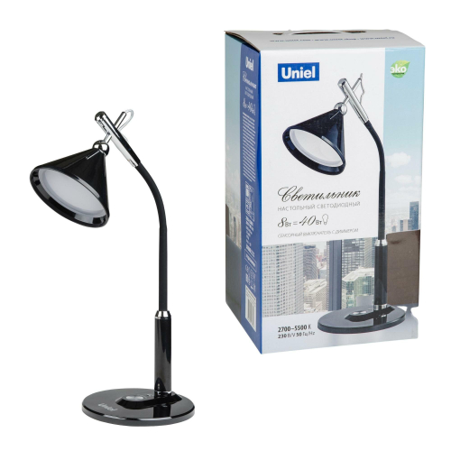 TLD-569 Black/LED/400Lm/2700-5500K/Dimmer Светильник настольный, 8W. Сенсорный выключатель. Черный. TM Uniel