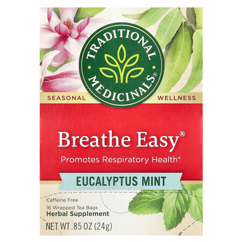 Traditional Medicinals, Breathe Easy, эвкалипт и мята, без кофеина, 16 чайных пакетиков в упаковке, 24 г (0,85 унции)