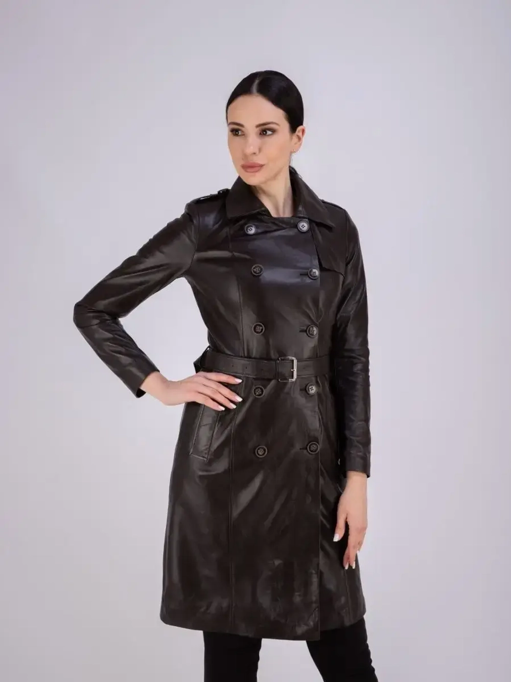 Тренч длинный кожаный с поясом плащ на весну