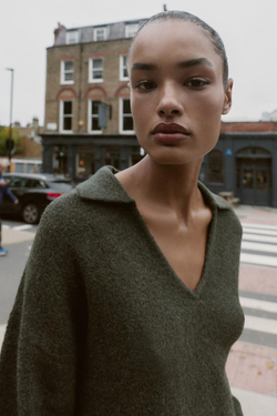 ZARA МЯГКИЙ ТРИКОТАЖНЫЙ ДЖЕМПЕР ПОЛО, ЗЕЛЕНЫЙ МЕЛАНЖ