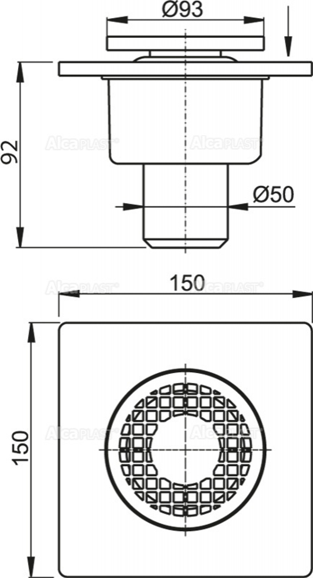 Сливной трап AlcaPlast APV4 150 x 150/50