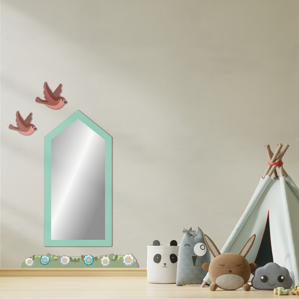 Зеркало-домик Скандик бирюзовое с птичками и цветами