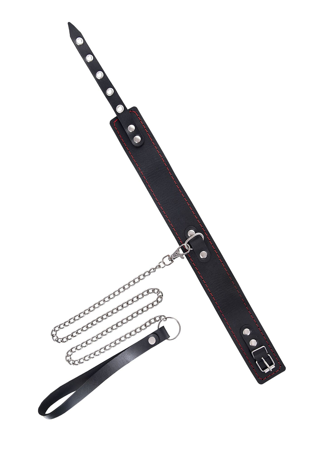 Кожаный двухслойный ошейник с красной строчкой и поводком