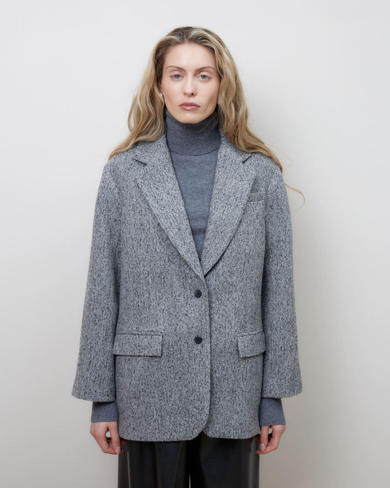 Пальто-жакет из шерсти елочка серый