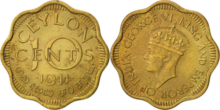 Цейлон 10 центов, 1944 Король Георг VI XF