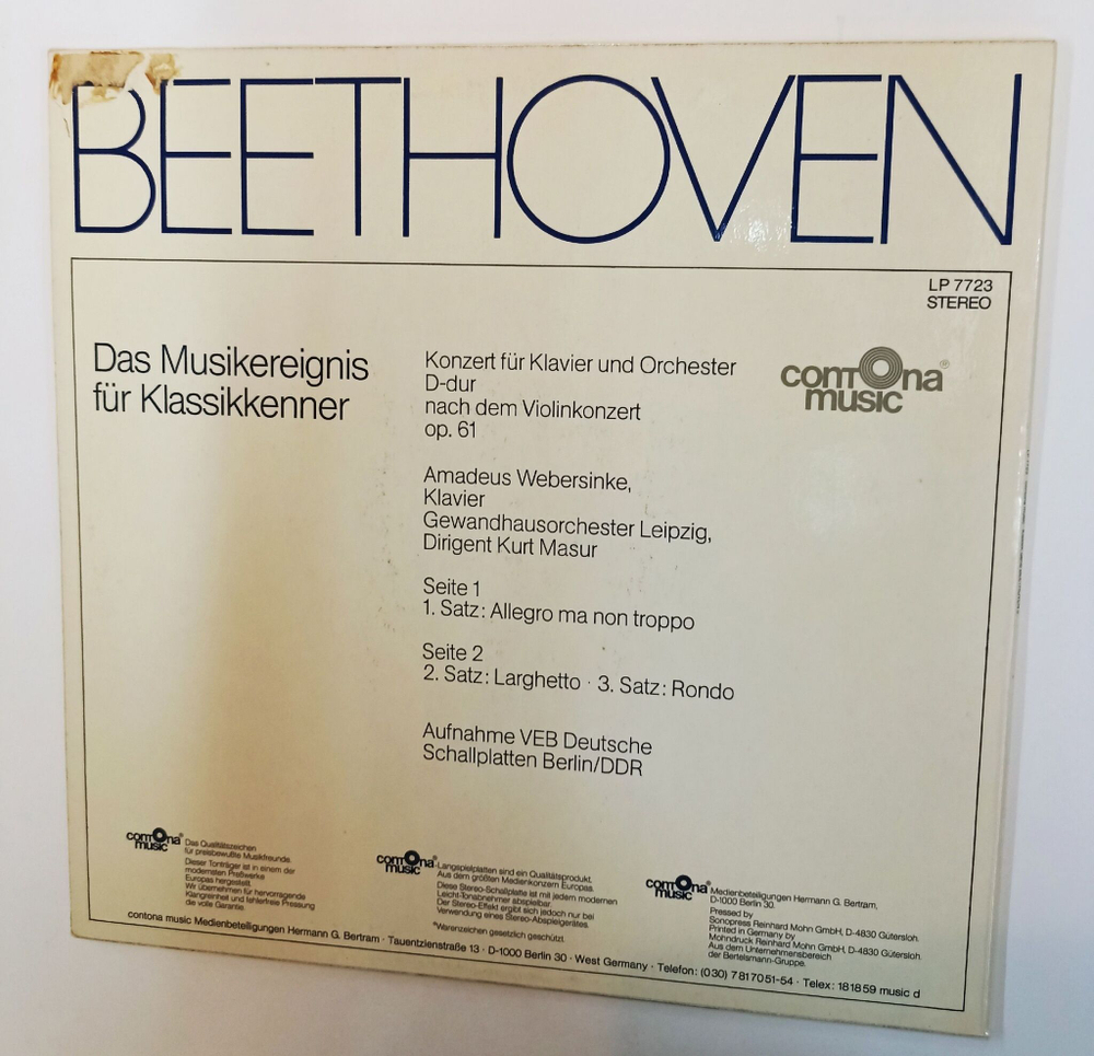 Винтажная виниловая пластинка LP L.V. Beethoven , Amadeus Webersinke, Gewandhausorchester Leipzig, Kurt Masur Violinkonzert Op. 61 (ГДР 1975)