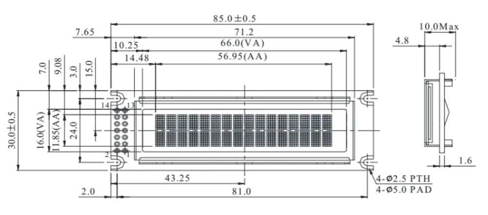 WEH001602DLPP5N00100, WEH001602DWPP5N00100 OLED символьный 16х2 (1602D), COB, 8-битный паралл.
