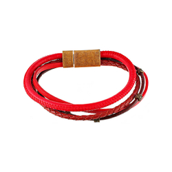 Стильный модный мужской плетёный браслет 4в1 красный из кожи с металлическим магнитным замком JV TOE-568-60178 в подарочной упаковке