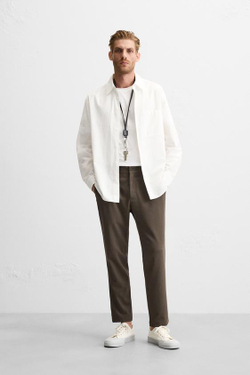 ZARA БРЮКИ КОМФОРТНОЙ ПОСАДКИ ИЗ РЕЛЬЕФНОЙ ТКАНИ, СЕРО-КОРИЧНЕВЫЙ