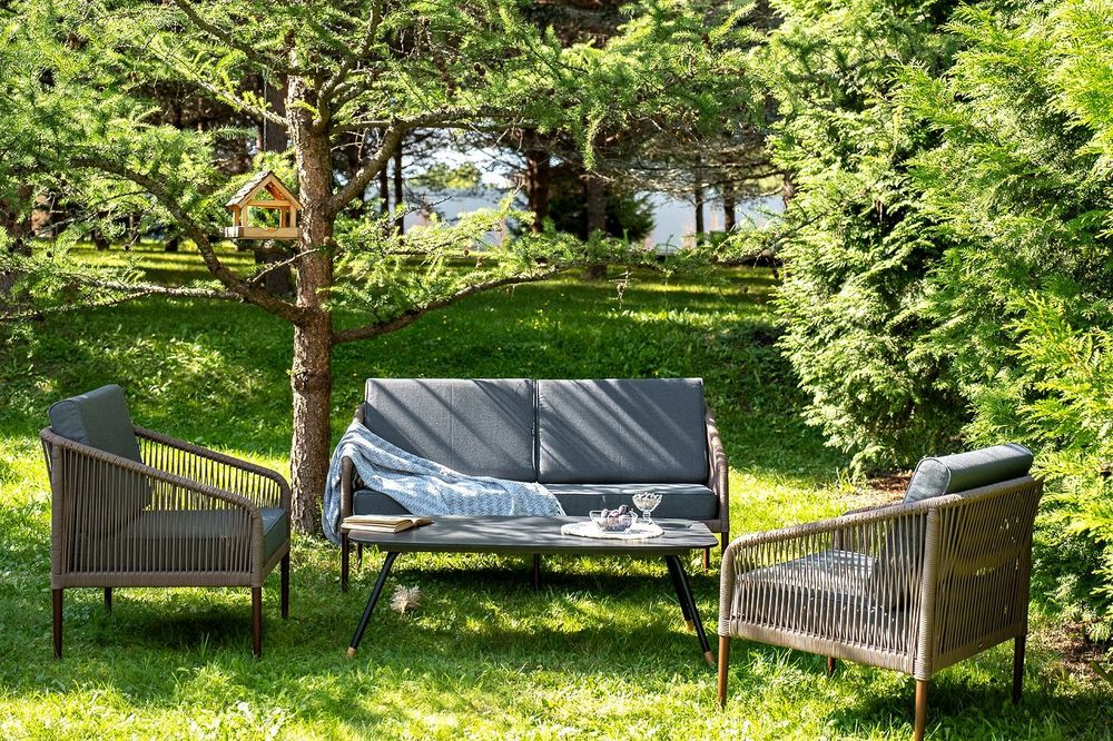 "Канны" лаунж-зона 4-местная из роупа со столом "Верона" (серый гранит), каркас алюминиевый коричневый, роуп коричневый