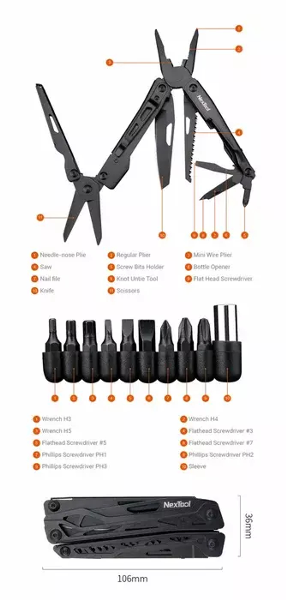 Мультитул Nextool Black Knight, черный (NE20151)