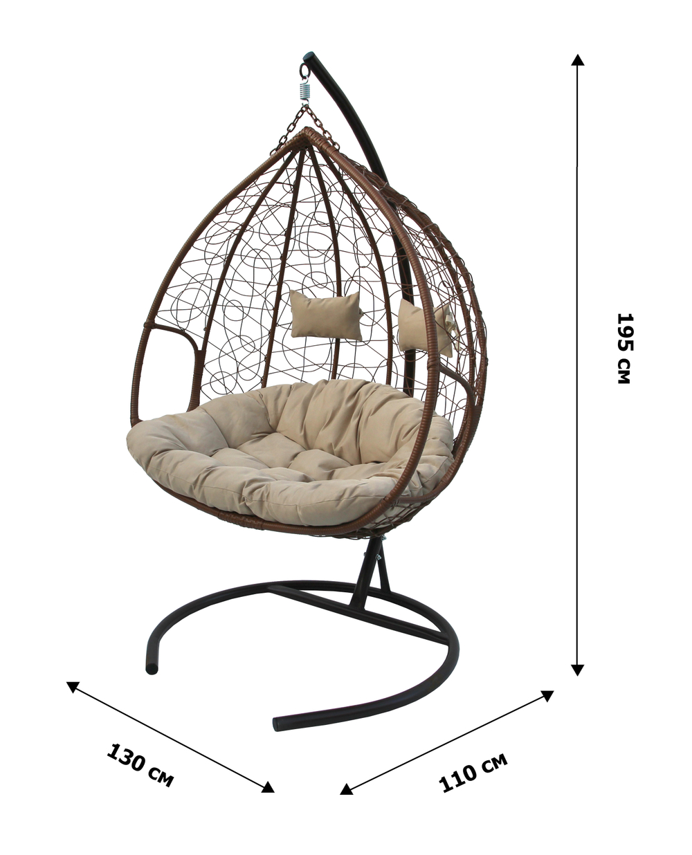 Кресло подвесное двойное Феникс арт.CN3423-МТКОР (стойка+осн.КОРИЧ,корзн.кор..,подуш.беже.3уп. (M))