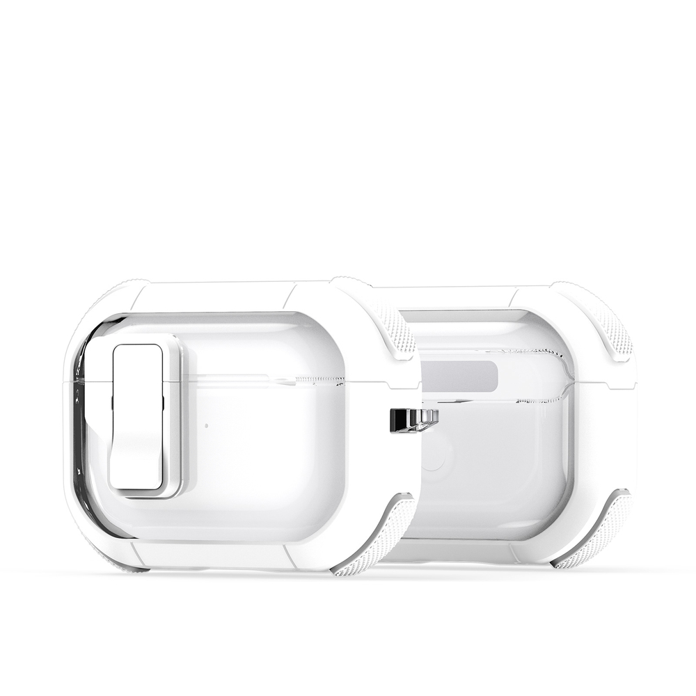 Чехол от Dux Ducis с замком для AirPods Pro 2, прозрачный с белыми вставками (Whtie2), серия PECN Series Case, в комплекте с карабином