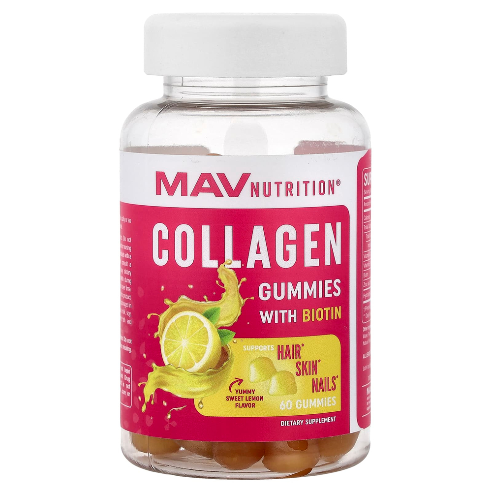 MAV Nutrition, жевательные таблетки с коллагеном и биотином, со вкусом сладкого лимона, 60 жевательных таблеток
